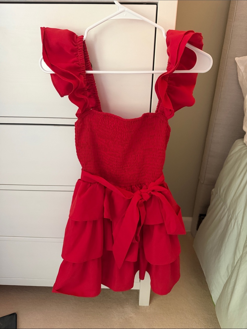 Red Ruffle Mini Dress with Smocked Bodice